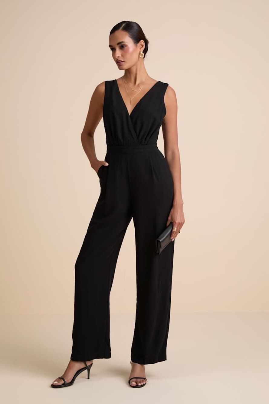 Lulus Kiska Black Lace Plunge V-Neck Wide Leg Jumpsuit Sleeveless Size Large